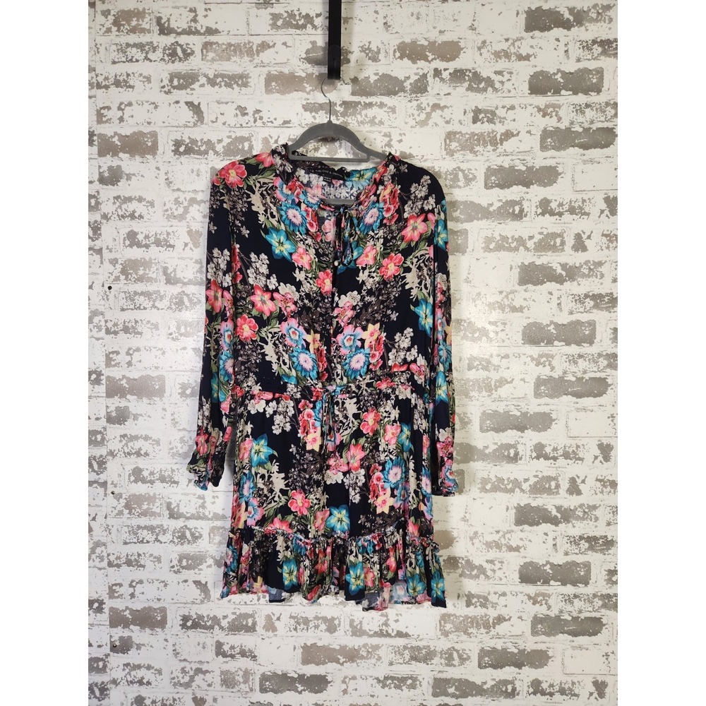 Boho Floral Tiered Midi Dress Size Small Blue Button Up Drawstring Waist Cottage